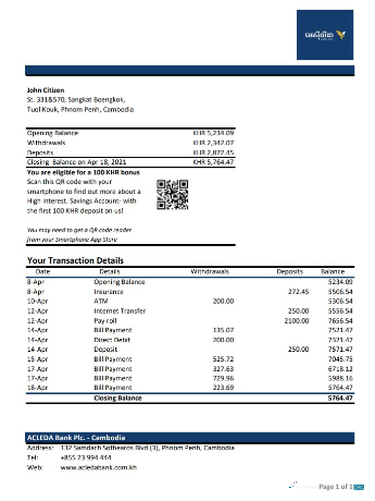 Download Cambodia Acleda bank statement excel Photoshop template